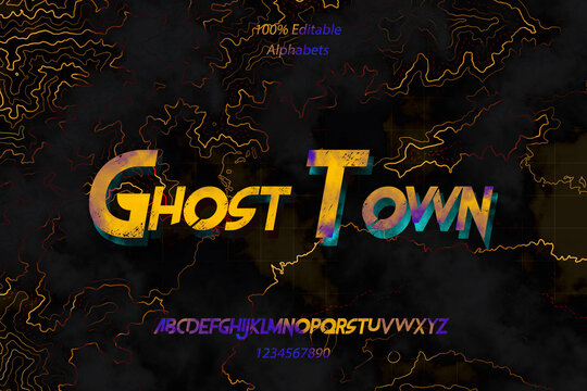 Ghost scary movie alphabet font. "Ghost Town" Typography Smokey design for logo, game, movie fonts, and number with Dark foggy golden strike Smoke line effect background. illustration