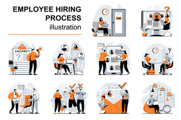 Employee hiring process concept with people scenes set in flat design. Women and men choosing candidates. Human resources and staff recruitment. Vector illustration visual stories collection for web