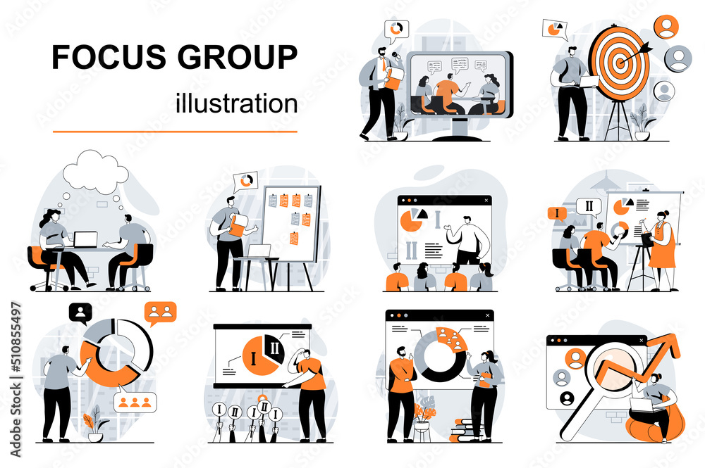 Poster Focus group concept with people scenes set in flat design. Women and men do marketing research, study customer behavior and develop strategy. Vector illustration visual stories collection for web