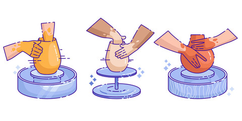 Vector flat illustration hands making pottery from clay