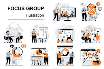 Focus group concept with people scenes set in flat design. Women and men do marketing research, study customer behavior and develop strategy. Vector illustration visual stories collection for web