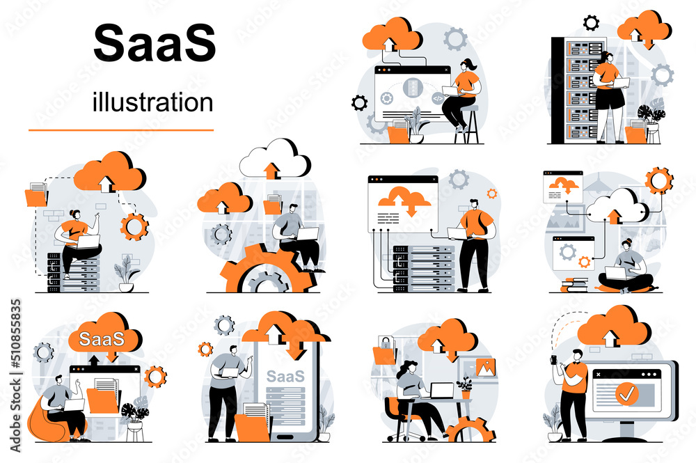 Poster saas concept with people scenes set in flat design. women and men uses programs and cloud processing
