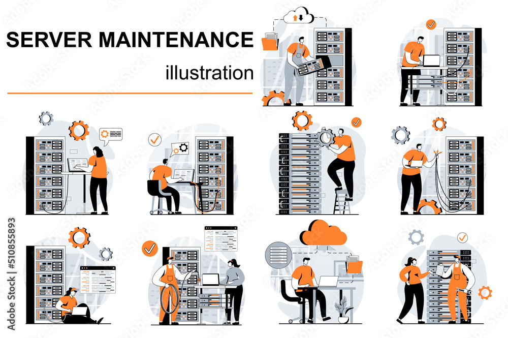 Aufkleber Server maintenance concept with people scenes set in flat design. Women and men working in server room, tech support optimize data center work. Vector illustration visual stories collection for web