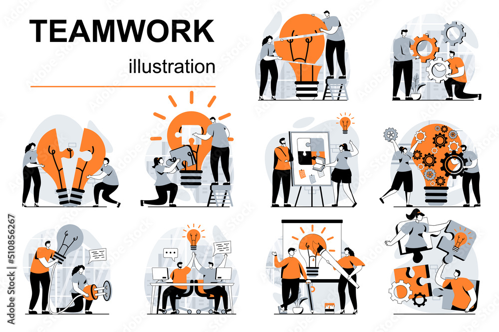 Aufkleber teamwork concept with people scenes set in flat design. women and men collaborating and working toge