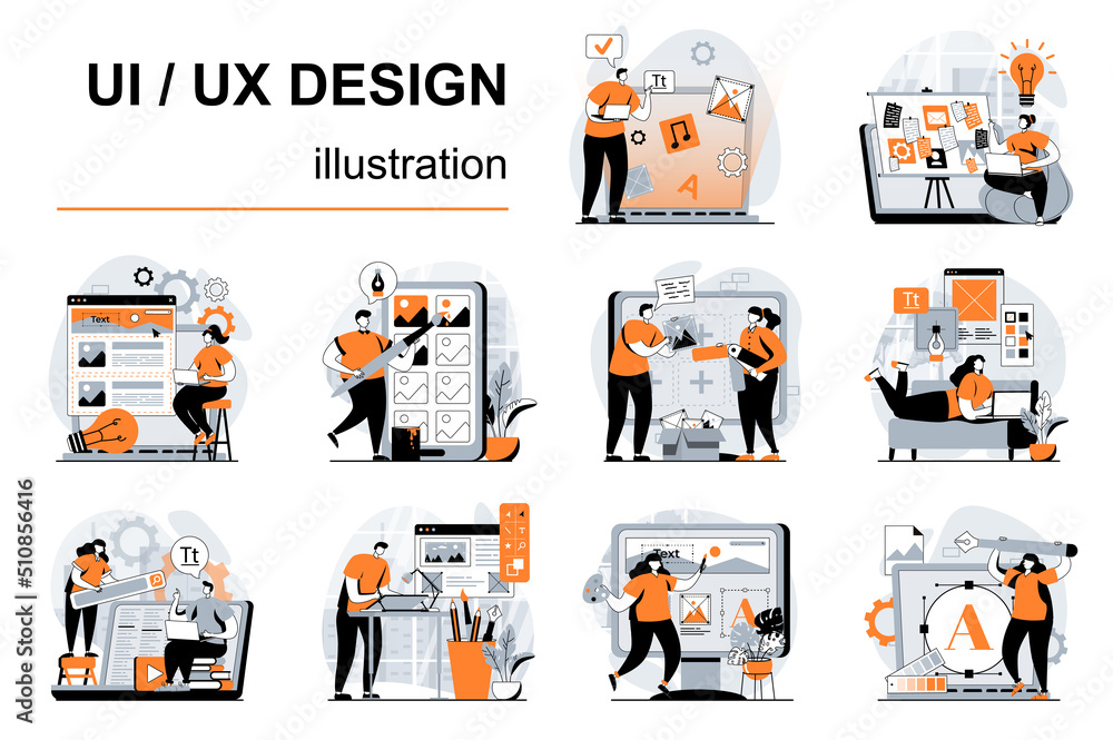 Aufkleber UI UX design concept with people scenes set in flat design. Women and men create and optimize layouts at screens, testing user app interface. Vector illustration visual stories collection for web