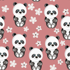 Fototapeta premium Seamless pattern with cute panda baby on color floral background. Funny asian animals. Card, postcards for kids. Flat vector illustration for fabric, textile, wallpaper, poster, gift wrapping paper