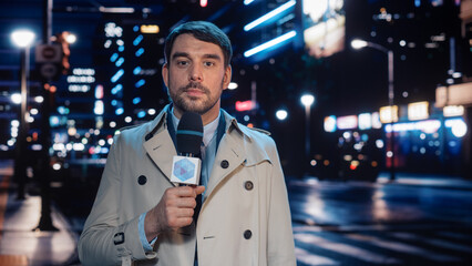 Anchorman Backstage, Preparing to Report Live News in a City at Night. News Coverage by...