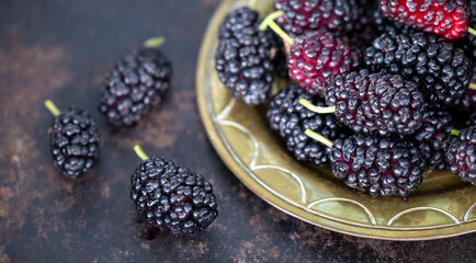 Mulberry fruits, healthy sweet dessert in golden plate, food banner