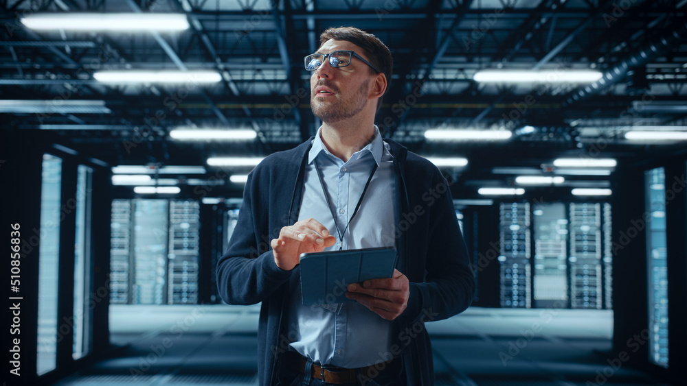 Aufkleber Male IT Specialist Walks Between Row of Operational Server Racks in Data Center. Engineer Uses Tablet Computer for Maintenance and Diagnostics in Cyber Security and Data Protection Facility.