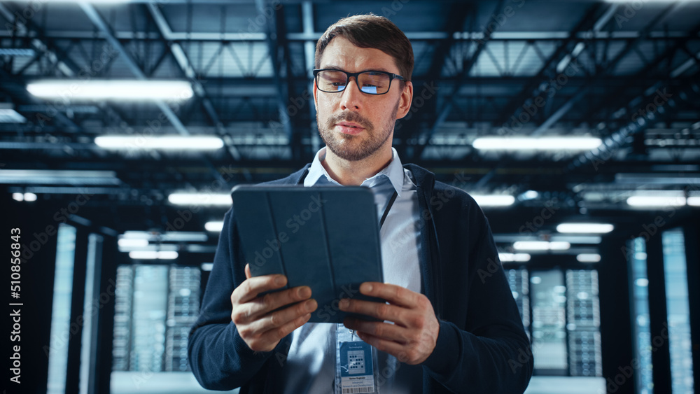 Poster Successful Data Center IT Specialist Using Tablet Computer. Server Farm Cloud Computing Facility with System Administrator Working. Data Protection Engineering Network for Cyber Security.