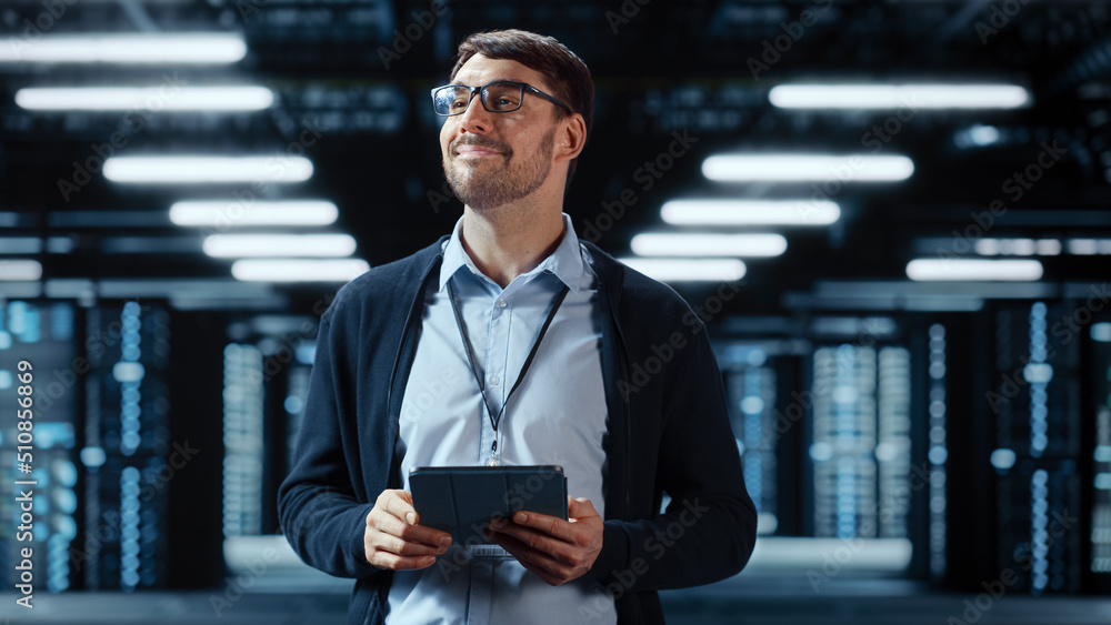 Poster Male IT Specialist Walks Between Row of Operational Server Racks in Data Center. Engineer Uses Tablet Computer for Maintenance. Concept for Cloud Computing, Artificial Intelligence, Cybersecurity.
