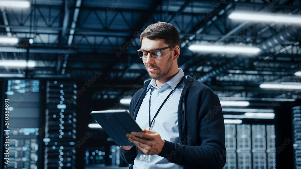 Aufkleber Successful Data Center IT Specialist Using Tablet Computer. Server Farm Cloud Computing Facility with System Administrator Working. Data Protection Engineering Network for Cyber Security.