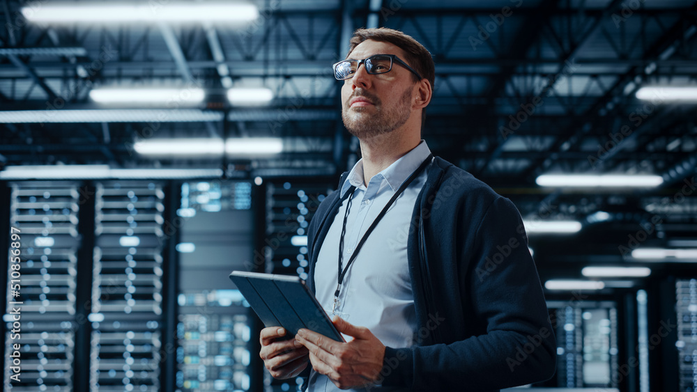 Aufkleber Successful Data Center IT Specialist Using Tablet Computer. Server Farm Cloud Computing Facility with System Administrator Working. Data Protection Engineering Network for Cyber Security.