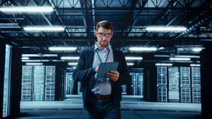 Male IT Specialist Walks Between Row of Operational Server Racks in Data Center. Engineer Uses...
