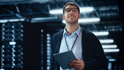 Male IT Specialist Walks Between Row of Operational Server Racks in Data Center. Engineer Uses Tablet Computer for Maintenance and Diagnostics in Cyber Security and Data Protection Facility.