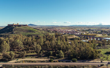 panoramic view of the castle and roman bridge of medellin, spain