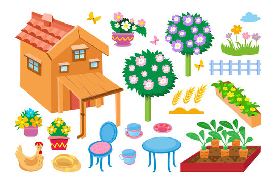 Wooden two-story cottage house with canopy in cartoon style. Set of summer garden objects. Vector color illustration isolated on white background. Icons for design of postcards, posters, books.