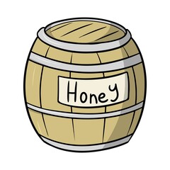 Wooden large honey barrel, honey image, vector illustration in cartoon style