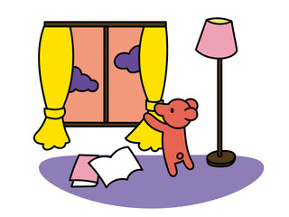 窓辺でカーテンをまとめるクマ