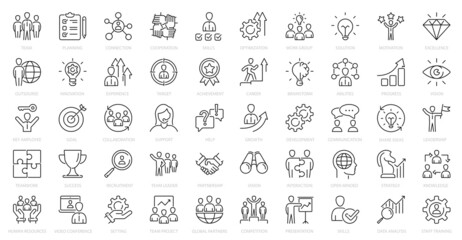 Teamwork icons set. business people, idea, presentation, goal, reward and others. Business teamwork, human resources. Outline icons collection.