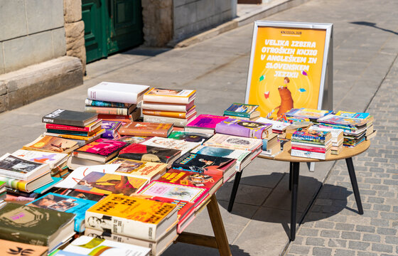 Celje, Slovenia - May 13, 2022: A picture of many used books on sale in front of a bookshop.