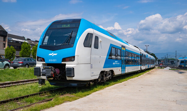 Celje, Slovenia - May 13, 2022: A picture of a train from Slovenian Railways stationed in Celje.