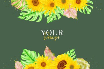 Watercolor tropical leaves and sunflowers summer background