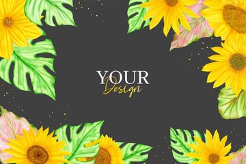 Watercolor tropical leaves and sunflowers summer background