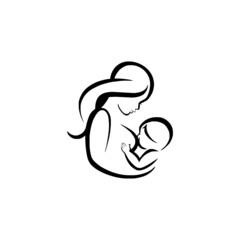 Mother and baby silhouette during breastfeeding vector