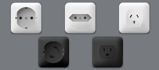 Electric switch and extension vector outlet for electric plugs and electricity illustration. Set of different types of power isolated sockets and switchers.