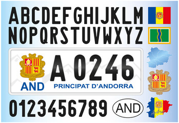 Andorra new car license plate, 2011, letters, numbers and symbols, vector illustration - obrazy, fototapety, plakaty