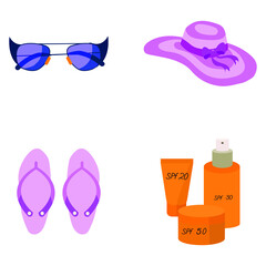 Beach set. Glasses, hat, slippers, cosmetics. Vector illustration.