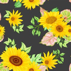 Naklejka na ściany i meble Colorful yellow sunflowers seamless pattern