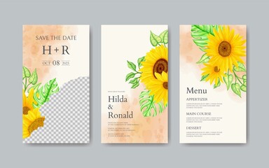 Instagram stories template for wedding invitation with watercolor sunflower