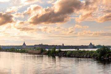 Coastal spit and view of the Oreshek Fortress in Shlisselburg, Russia, June 2022