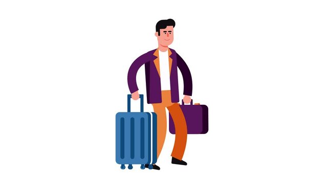Passenger with suitcases. Cartoon passenger with luggage. Looped animation.