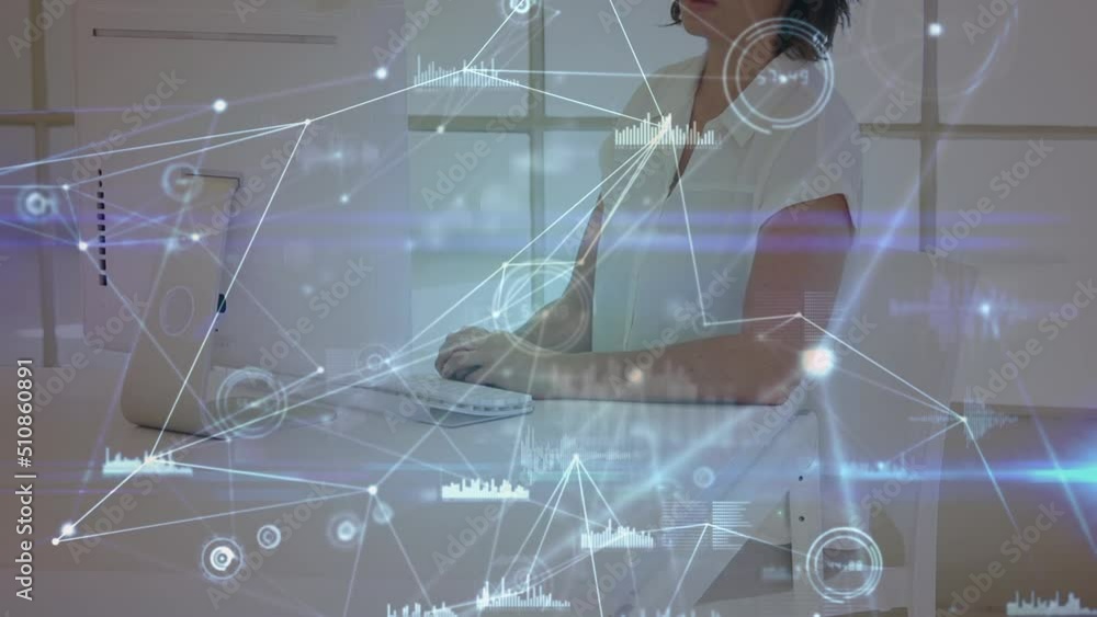 Poster network of connections and data processing against caucasian woman using computer at office