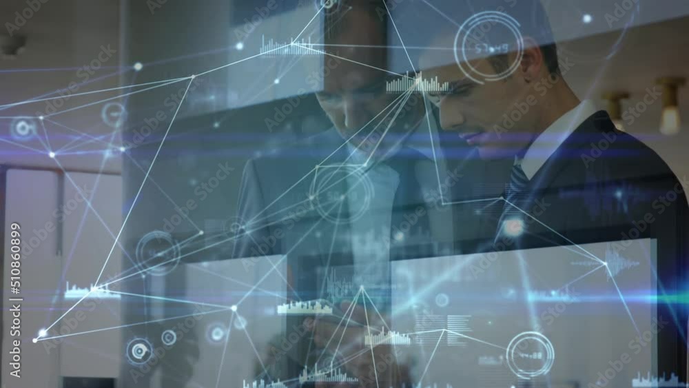 Aufkleber network of connections and data processing against two caucasian businessmen using digital tablet