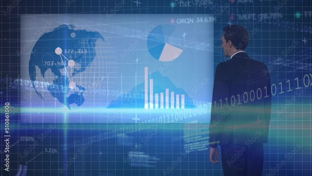 Poster animation of graphs, data processing and back view of caucasian businessman using touchscreen