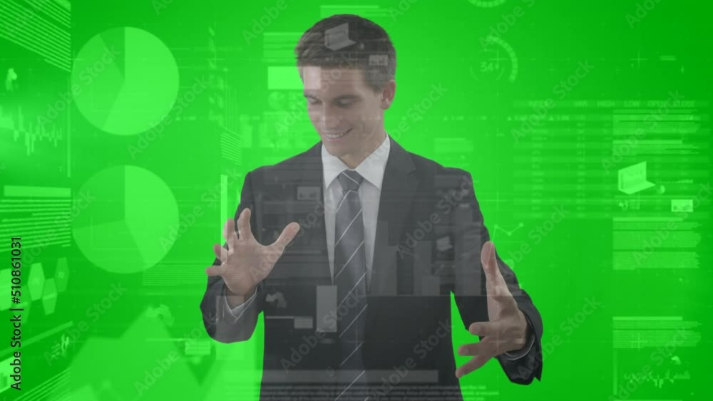 Poster animation of graphs, data and caucasian businessman using green touchscreen