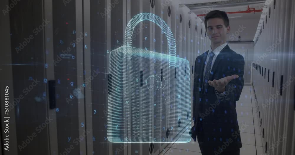 Aufkleber animation of digital padlock and caucasian man showing open hand in front of servers