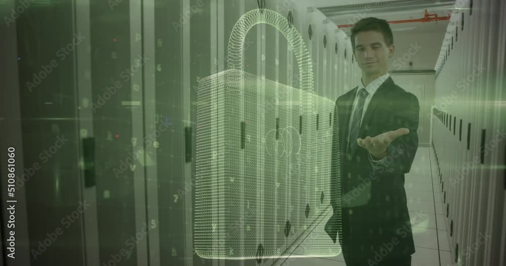 Aufkleber animation of digital padlock and caucasian man showing open hand in front of servers