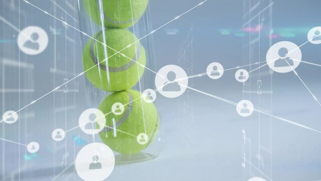 Animation of network of connections with icons over tennis balls