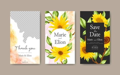 Instagram stories template for wedding invitation with watercolor sunflower