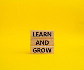 Learn and grow symbol. Concept words 'Learn and grow' on wooden blocks. Beautiful yellow background. Business and Learn and grow concept. Copy space.
