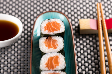 Top down view of gourmet Hosomaki salmon sushi