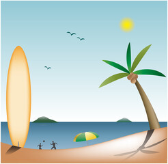 Fototapeta na wymiar beach with surfboard and coconut tree