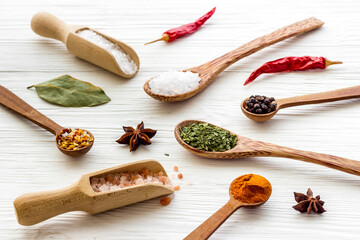 Colorful spices and herbs in wooden spoons. Cooking background