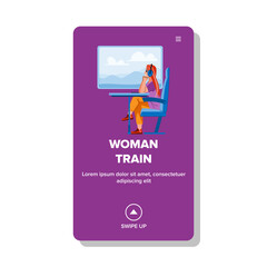 woman train vector. travel girl, happy journey, railway person window woman train character. people flat cartoon illustration