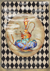 Alice in Wonderland Watercolor hand drawn  characters on Grunge vintage  diamond checker circus  banner